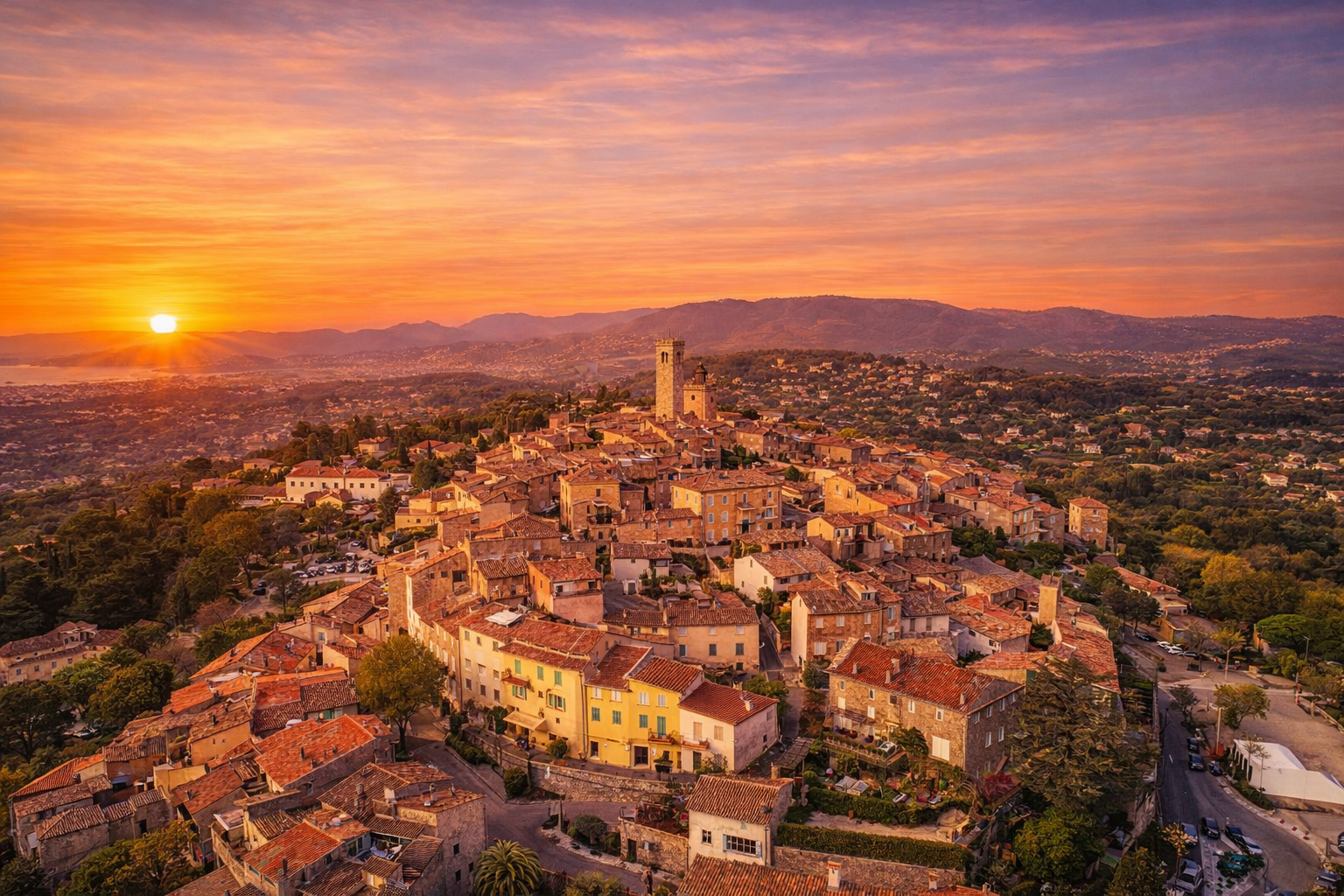 Mougins - Village perché réputé pour sa gastronomie exceptionnelle et ses restaurants étoilés, avec vue panoramique sur la Méditerranée