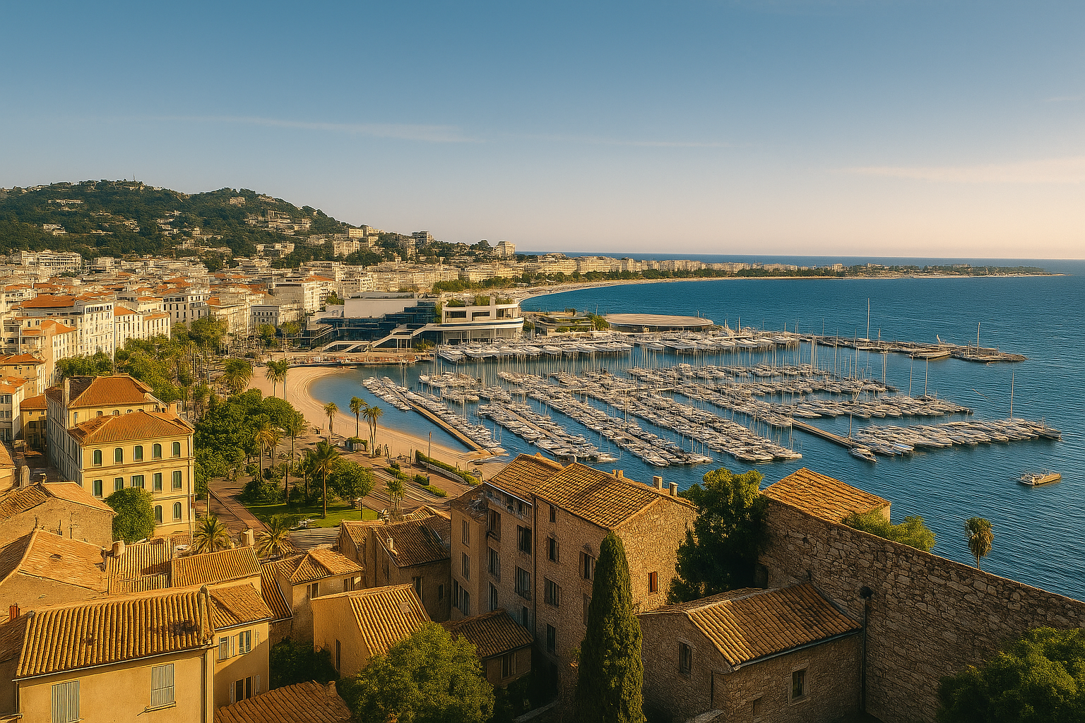 Vue panoramique depuis Le Suquet Cannes - Panorama exceptionnel sur la baie, la Croisette et les îles de Lérins pour photos grand angle
