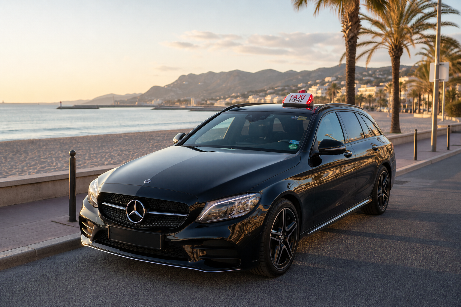 Taxi Mercedes noir devant la plage de La Bocca à Cannes — Taxi Cannes La Bocca