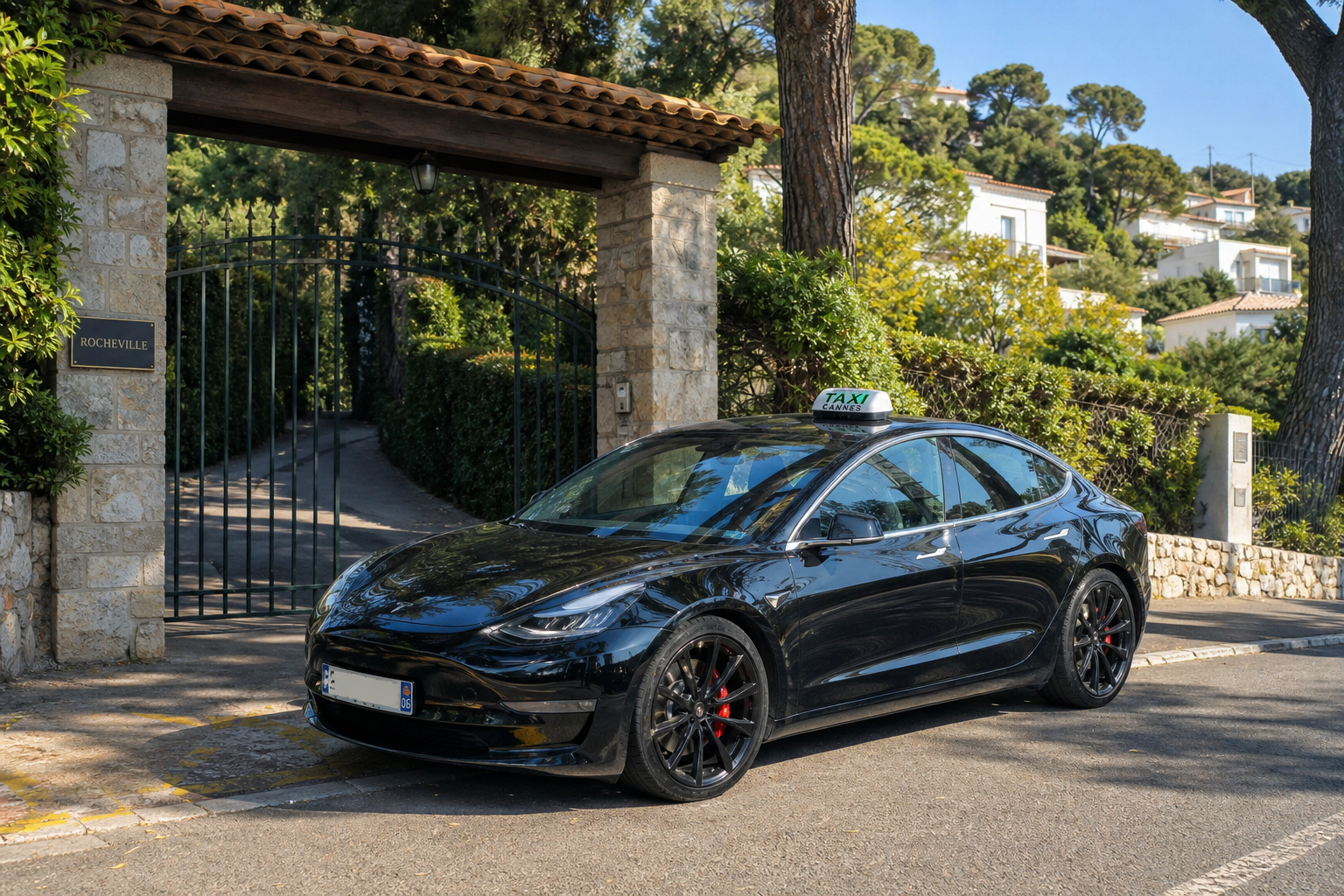 Taxi Tesla Taxi Cannes en attente devant une résidence à Rocheville, Le Cannet